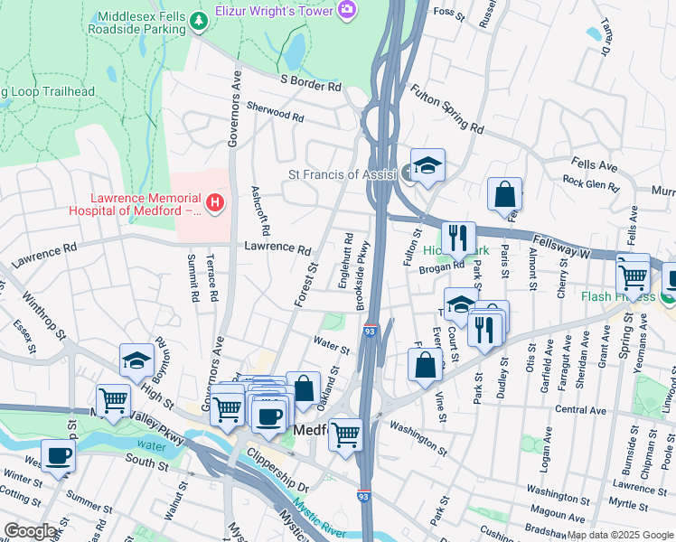 map of restaurants, bars, coffee shops, grocery stores, and more near 163 Forest Street in Medford