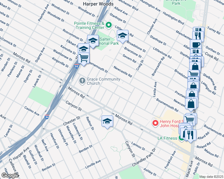 map of restaurants, bars, coffee shops, grocery stores, and more near 21352 Sloan Drive in Harper Woods