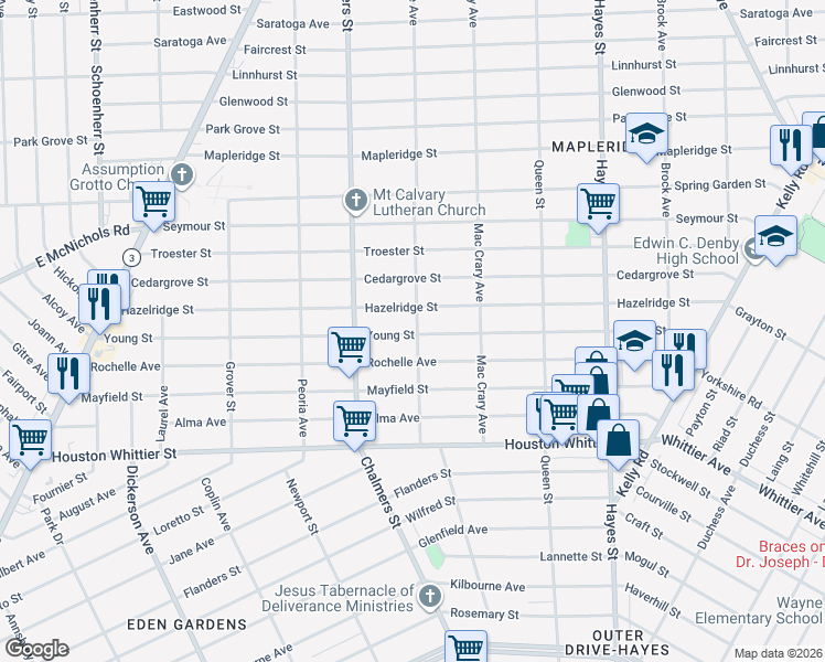 map of restaurants, bars, coffee shops, grocery stores, and more near 14516 Hazelridge Street in Detroit