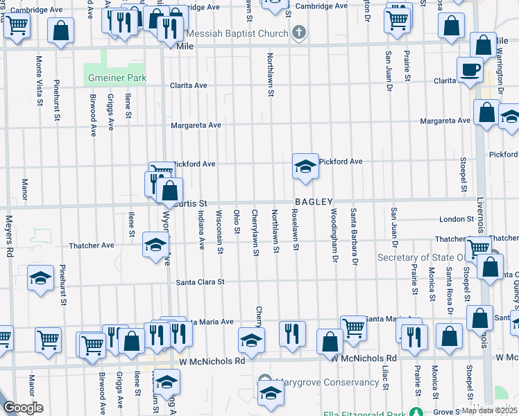 map of restaurants, bars, coffee shops, grocery stores, and more near 18213 Cherrylawn Street in Detroit