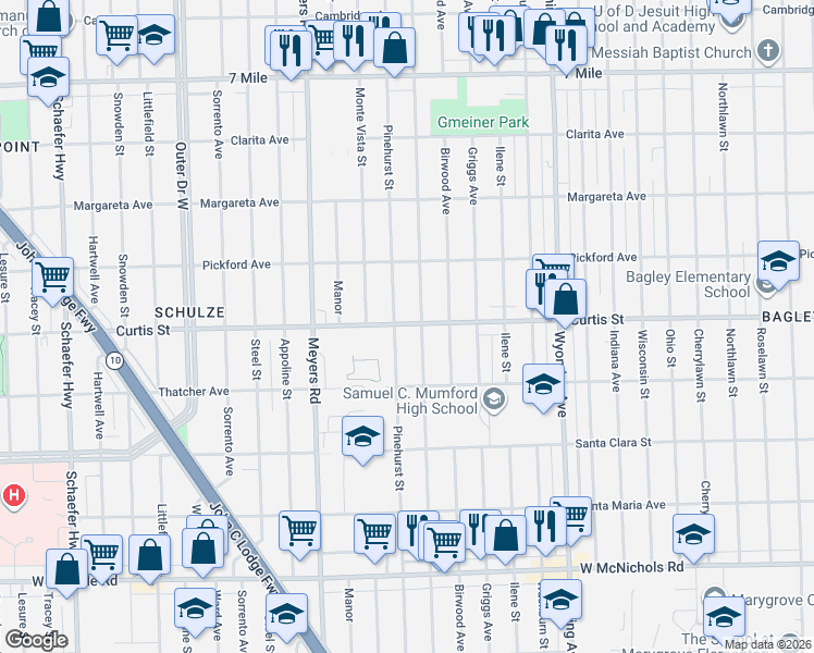 map of restaurants, bars, coffee shops, grocery stores, and more near 18226 Mendota Street in Detroit