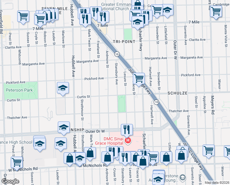 map of restaurants, bars, coffee shops, grocery stores, and more near 18253 Stansbury Avenue in Detroit