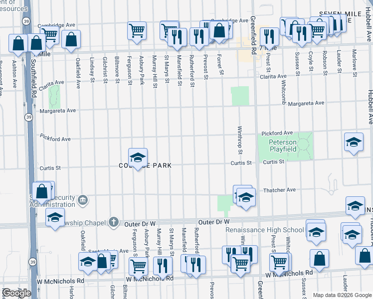 map of restaurants, bars, coffee shops, grocery stores, and more near 18300 Rutherford Street in Detroit