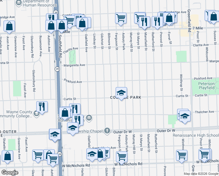 map of restaurants, bars, coffee shops, grocery stores, and more near 18304 Biltmore Street in Detroit