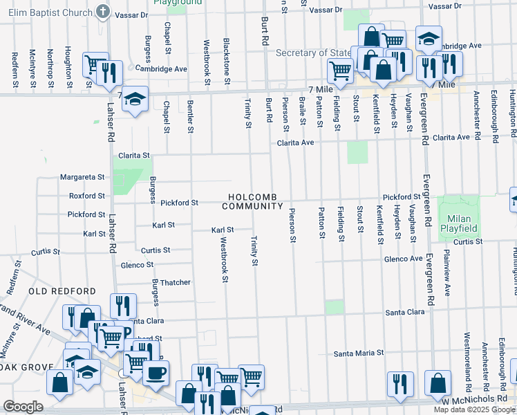 map of restaurants, bars, coffee shops, grocery stores, and more near 18415 Burt Road in Detroit
