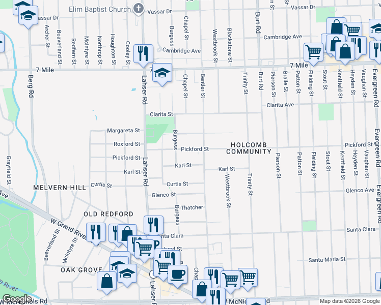 map of restaurants, bars, coffee shops, grocery stores, and more near 21476 Pickford Street in Detroit