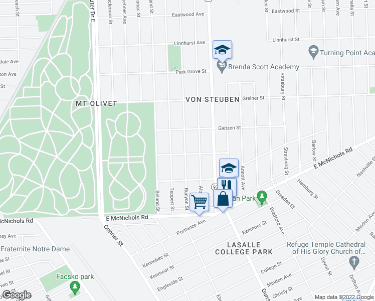 map of restaurants, bars, coffee shops, grocery stores, and more near 17610 Runyon Street in Detroit