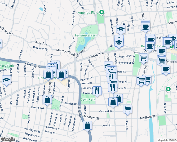 map of restaurants, bars, coffee shops, grocery stores, and more near 25 Welsh Street in Malden