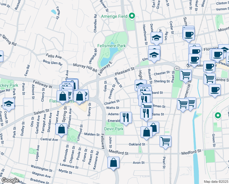 map of restaurants, bars, coffee shops, grocery stores, and more near 25 Presley Street in Malden