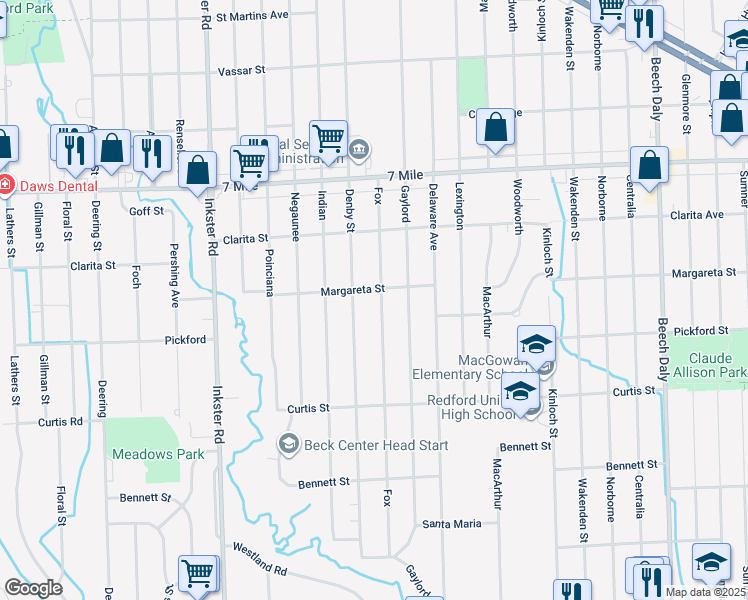 map of restaurants, bars, coffee shops, grocery stores, and more near 18497 Fox in Redford Charter Township