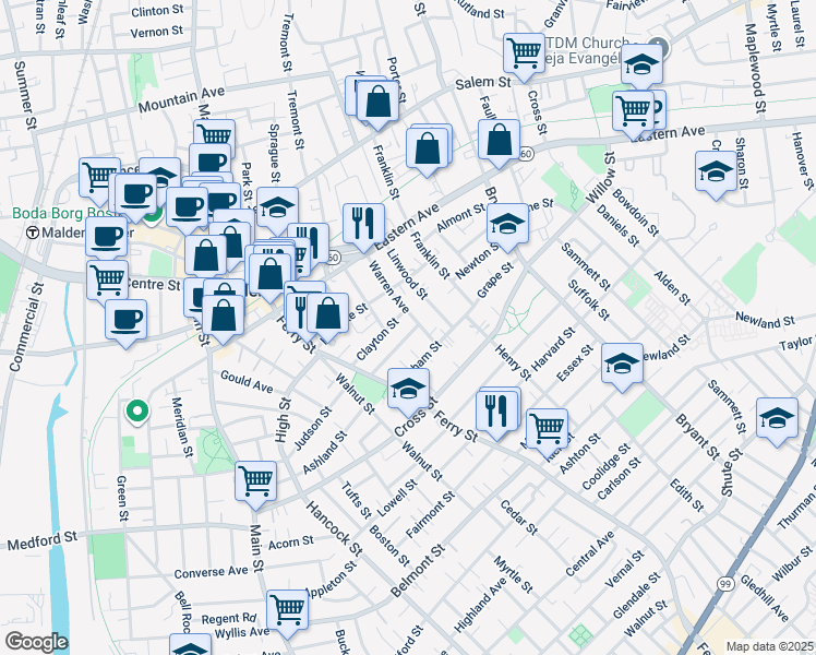 map of restaurants, bars, coffee shops, grocery stores, and more near 52 Magnolia Street in Malden