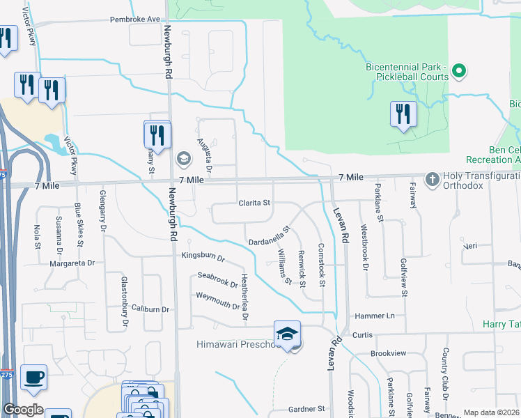 map of restaurants, bars, coffee shops, grocery stores, and more near 36880 Clarita Street in Livonia