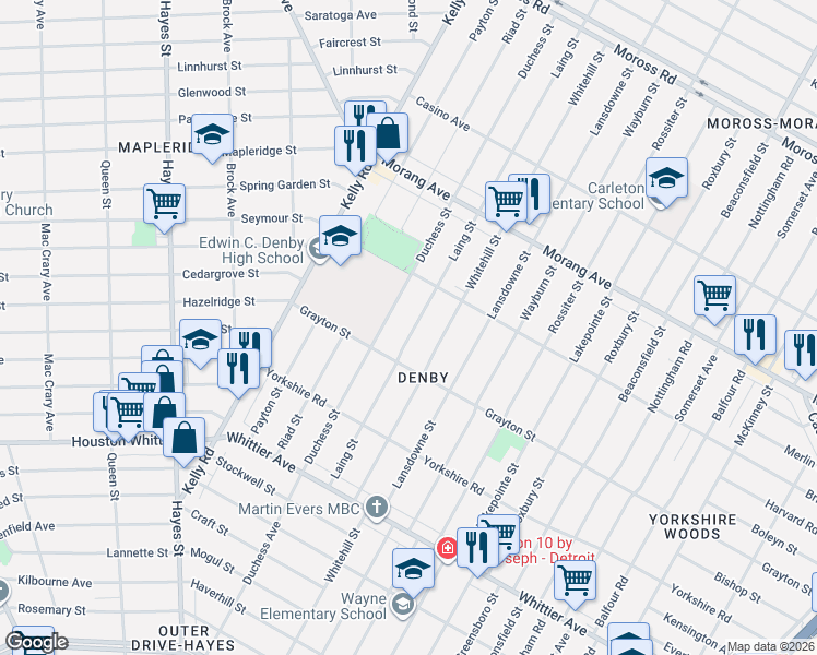 map of restaurants, bars, coffee shops, grocery stores, and more near 12000 Duchess Street in Detroit