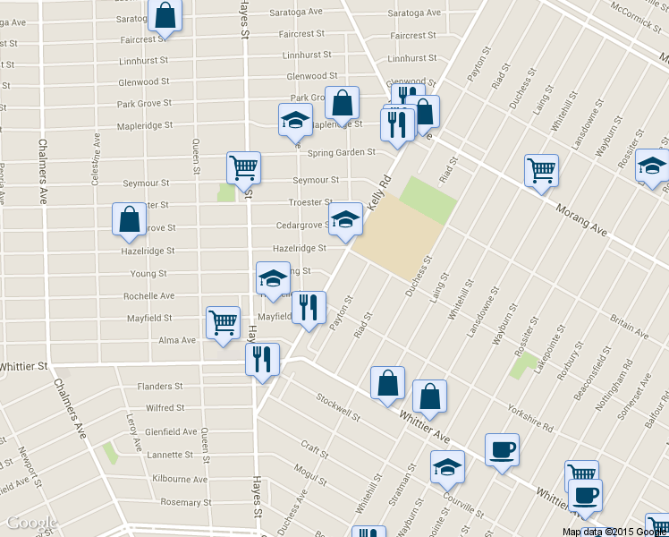 map of restaurants, bars, coffee shops, grocery stores, and more near 12715 Kelly Road in Detroit