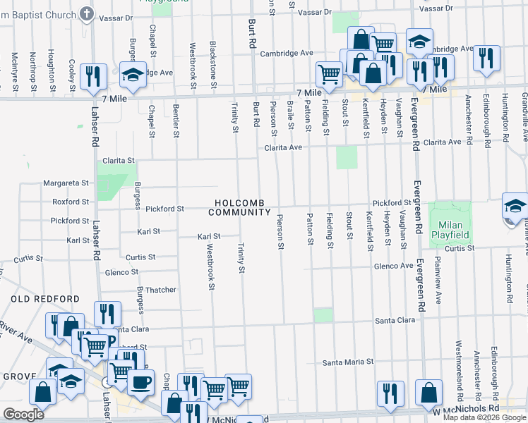 map of restaurants, bars, coffee shops, grocery stores, and more near 18415 Burt Road in Detroit