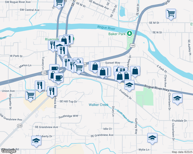 map of restaurants, bars, coffee shops, grocery stores, and more near Rogue River Hwy & Maple Ln in Grants Pass