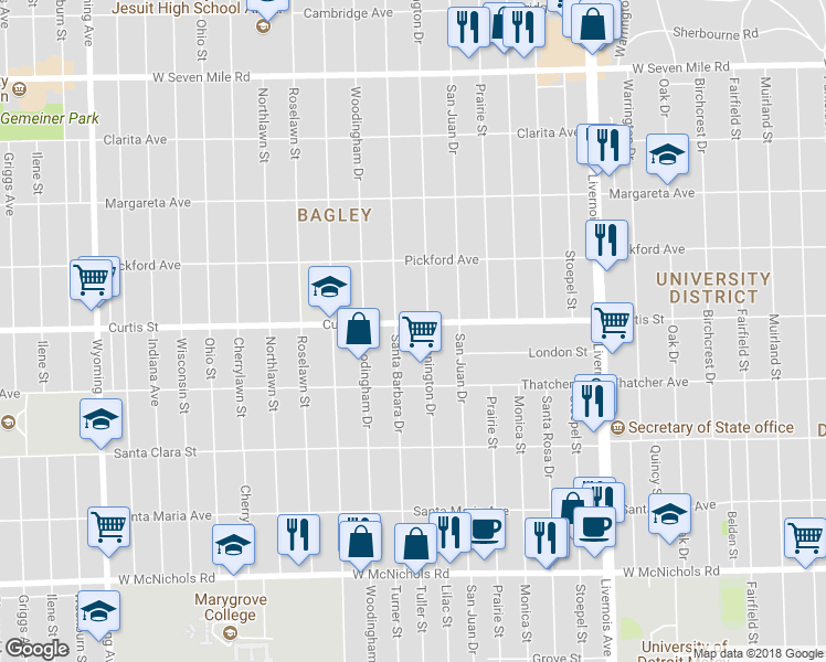 map of restaurants, bars, coffee shops, grocery stores, and more near 7629 Curtis Street in Detroit