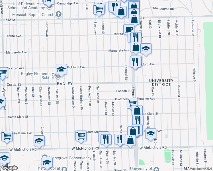 map of restaurants, bars, coffee shops, grocery stores, and more near 7345 Curtis Avenue in Detroit