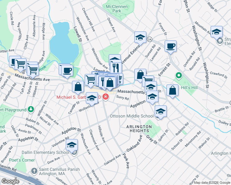 map of restaurants, bars, coffee shops, grocery stores, and more near 1300 Massachusetts Avenue in Arlington