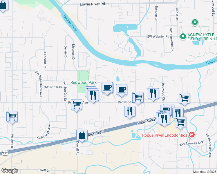 map of restaurants, bars, coffee shops, grocery stores, and more near 1351 Annabelle Lane in Grants Pass