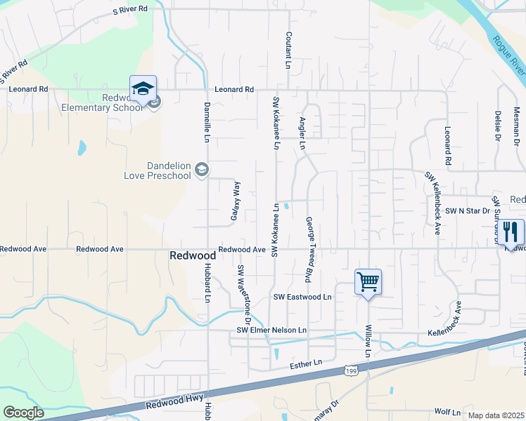 map of restaurants, bars, coffee shops, grocery stores, and more near 1386 Southwest Kokanee Lane in Grants Pass
