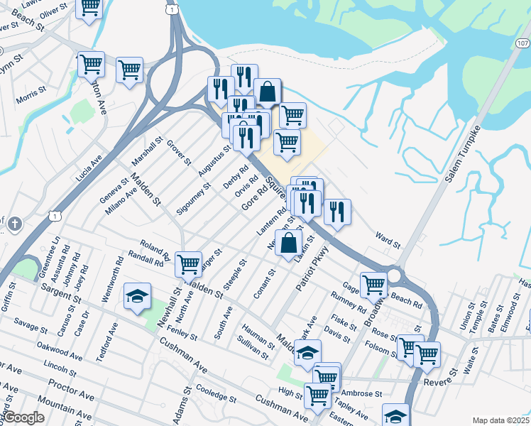 map of restaurants, bars, coffee shops, grocery stores, and more near 149 Gore Road in Revere