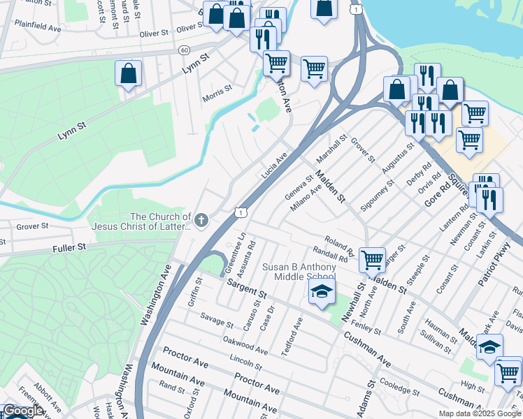 map of restaurants, bars, coffee shops, grocery stores, and more near 86 Asti Avenue in Revere