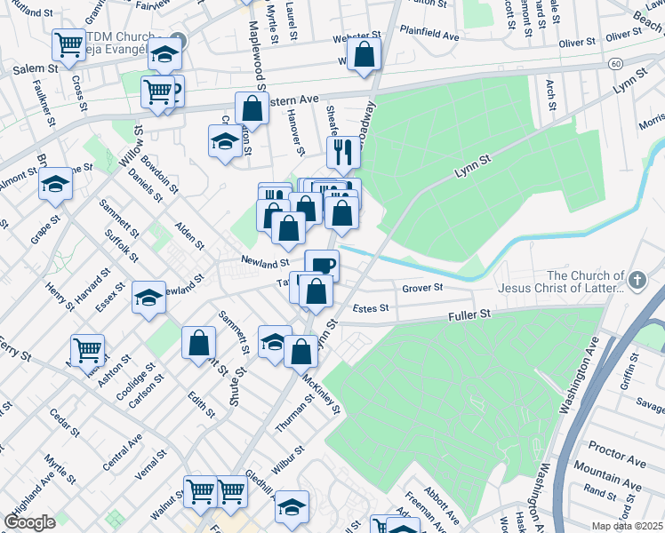 map of restaurants, bars, coffee shops, grocery stores, and more near 39 Broadway in Malden