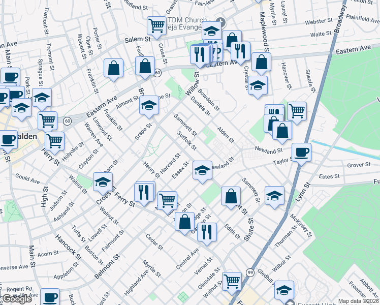 map of restaurants, bars, coffee shops, grocery stores, and more near 69 Suffolk Street in Malden