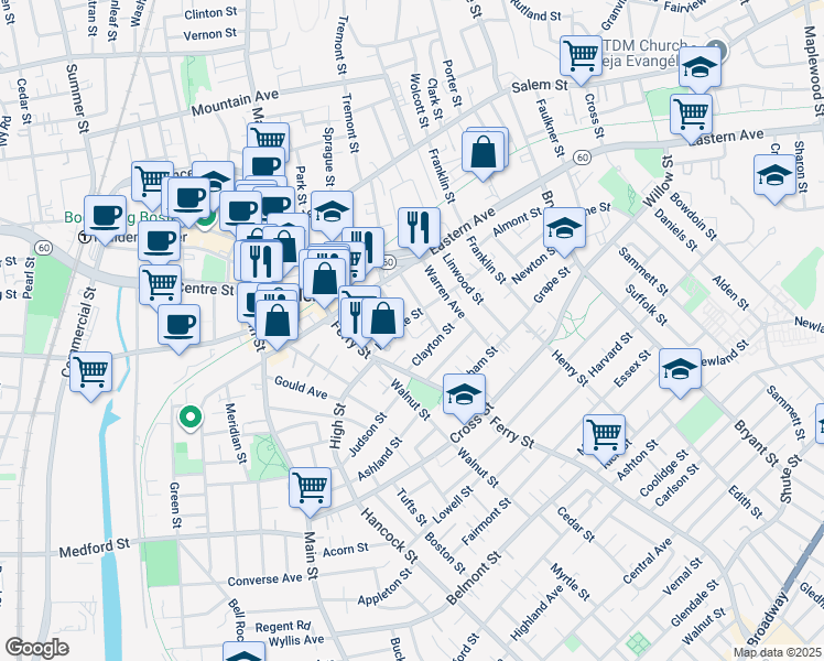 map of restaurants, bars, coffee shops, grocery stores, and more near 41 Stearns Street in Malden