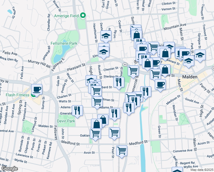 map of restaurants, bars, coffee shops, grocery stores, and more near 62 Russell Street in Malden