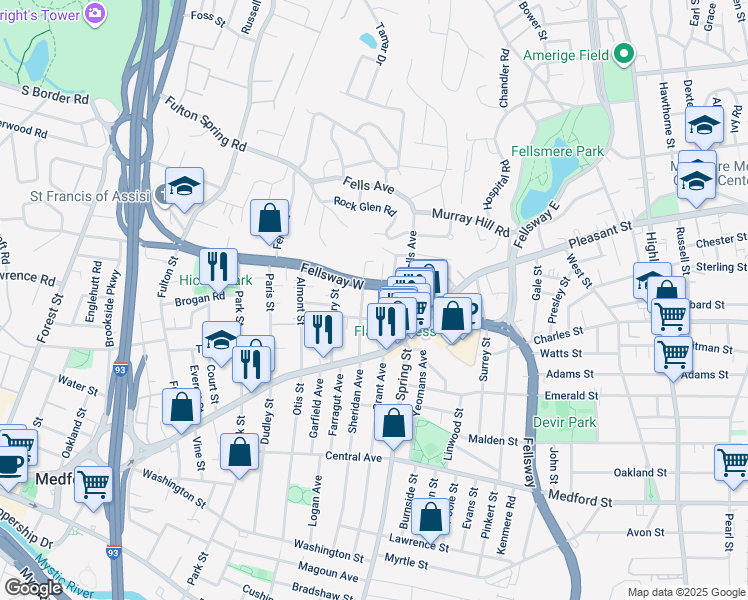 map of restaurants, bars, coffee shops, grocery stores, and more near 152 Fellsway West in Medford