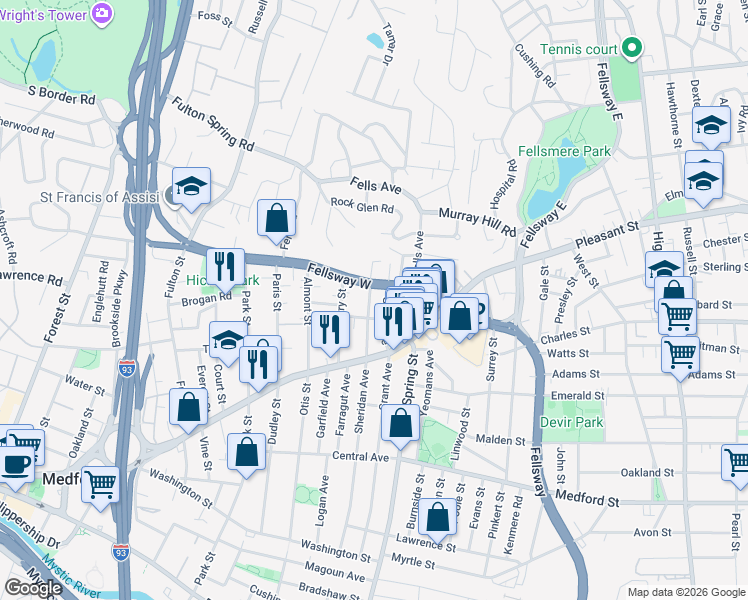 map of restaurants, bars, coffee shops, grocery stores, and more near 152 Fellsway West in Medford