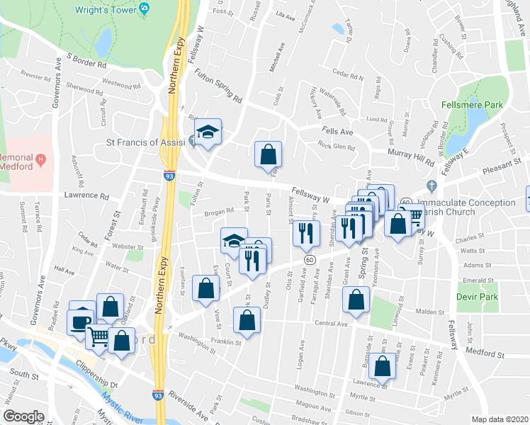 map of restaurants, bars, coffee shops, grocery stores, and more near 73 Paris Street in Medford
