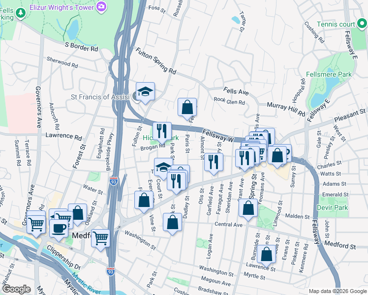 map of restaurants, bars, coffee shops, grocery stores, and more near 73 Paris Street in Medford