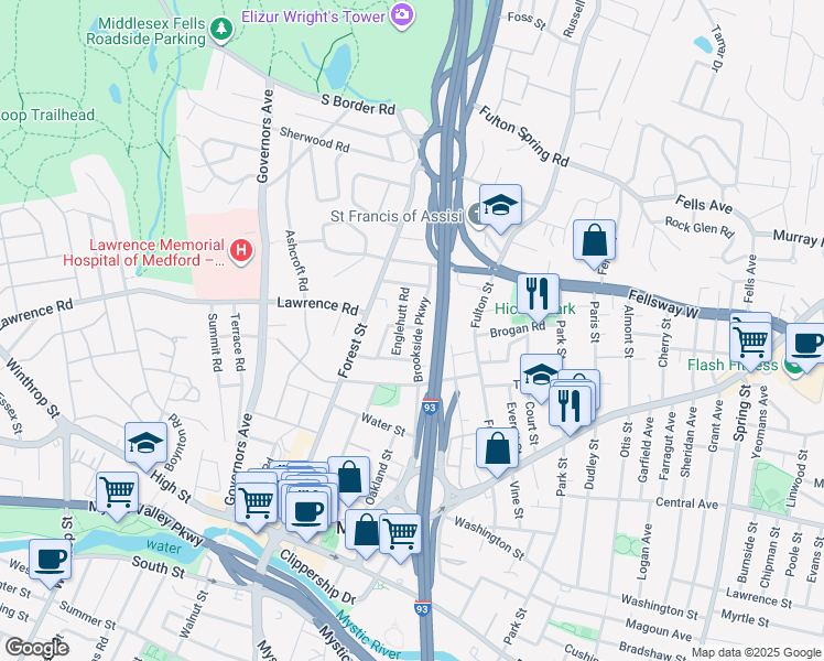map of restaurants, bars, coffee shops, grocery stores, and more near 204 Brookside Parkway in Medford