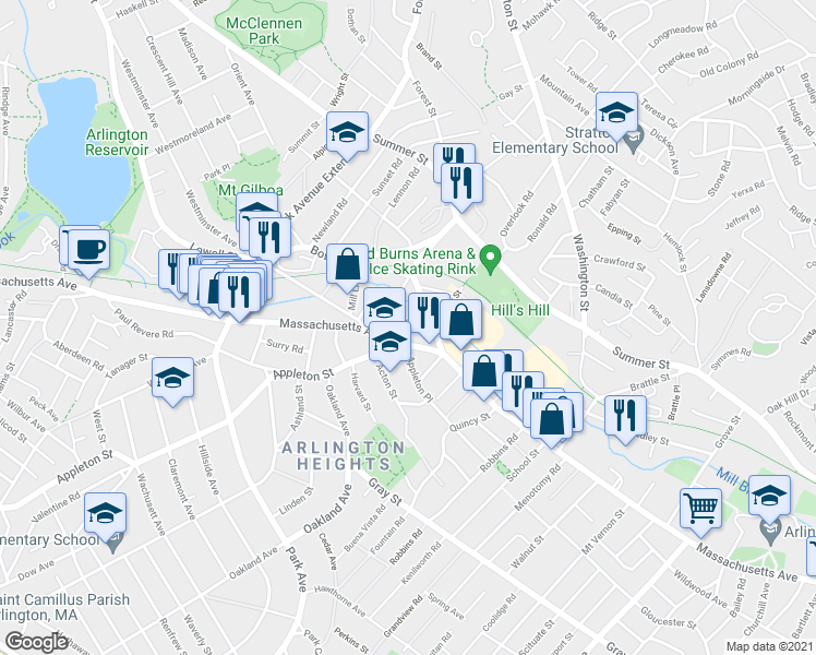 map of restaurants, bars, coffee shops, grocery stores, and more near 27 Peirce Street in Arlington