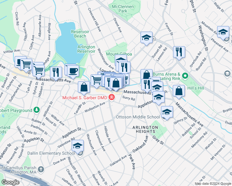 map of restaurants, bars, coffee shops, grocery stores, and more near 1315 Massachusetts Avenue in Arlington
