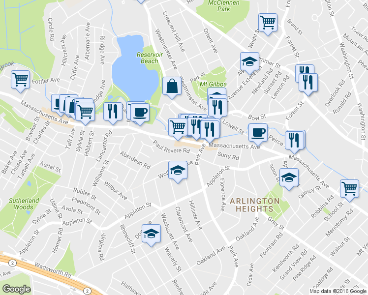 map of restaurants, bars, coffee shops, grocery stores, and more near 1365 Massachusetts Avenue in Arlington