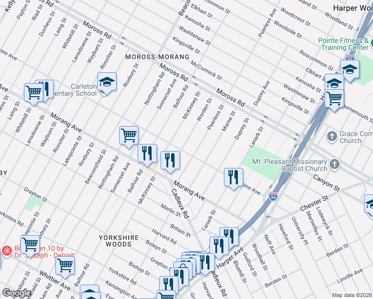 map of restaurants, bars, coffee shops, grocery stores, and more near 10911 Worden Street in Detroit