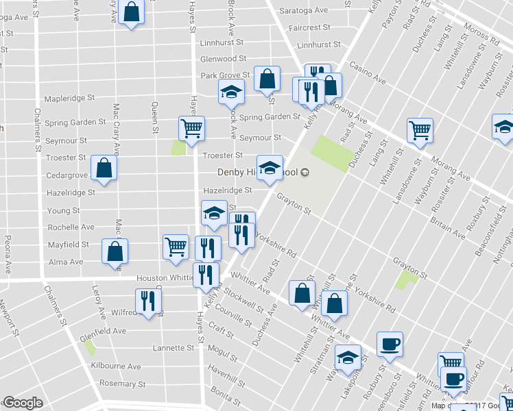 map of restaurants, bars, coffee shops, grocery stores, and more near 15428 Hazelridge Street in Detroit
