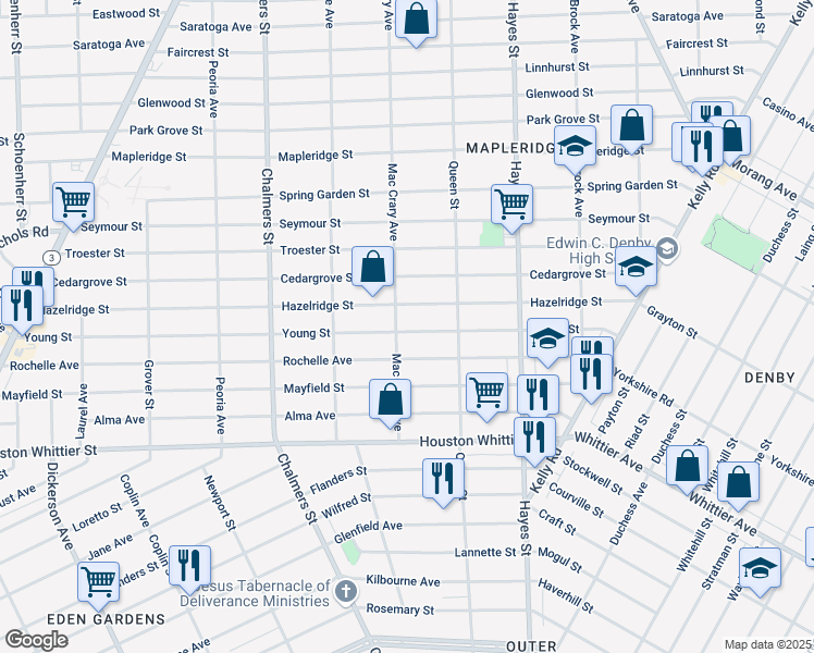 map of restaurants, bars, coffee shops, grocery stores, and more near 14818 Hazelridge Street in Detroit