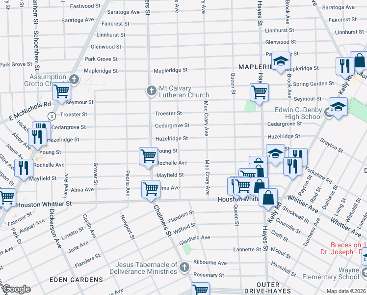 map of restaurants, bars, coffee shops, grocery stores, and more near 14516 Hazelridge Street in Detroit