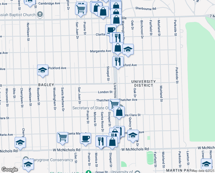 map of restaurants, bars, coffee shops, grocery stores, and more near in Detroit