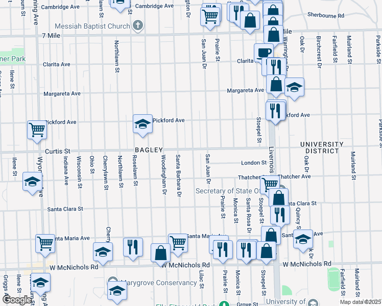map of restaurants, bars, coffee shops, grocery stores, and more near 18205 Pennington Drive in Detroit
