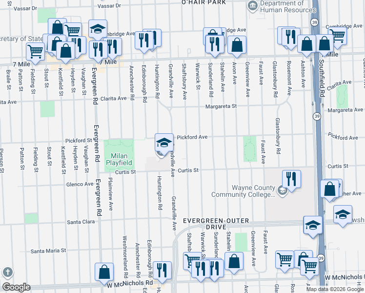 map of restaurants, bars, coffee shops, grocery stores, and more near 18330 Shaftsbury Avenue in Detroit