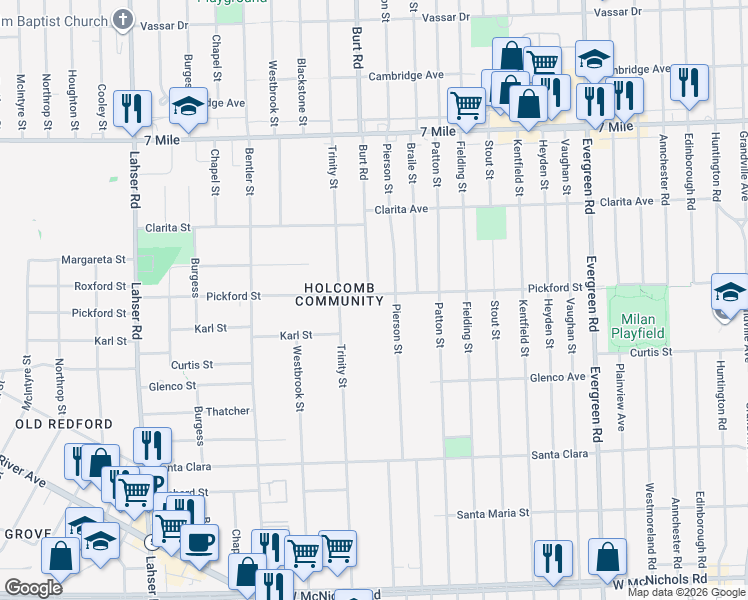map of restaurants, bars, coffee shops, grocery stores, and more near 18415 Burt Road in Detroit