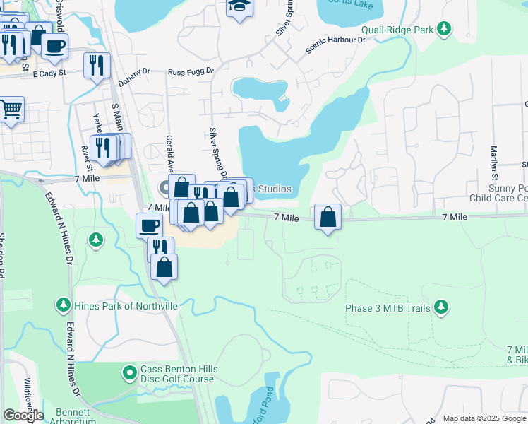 map of restaurants, bars, coffee shops, grocery stores, and more near 42844 Swan Lake Drive in Northville