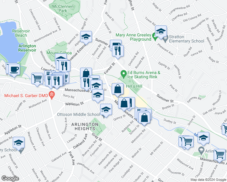 map of restaurants, bars, coffee shops, grocery stores, and more near 9 Ryder Street in Arlington