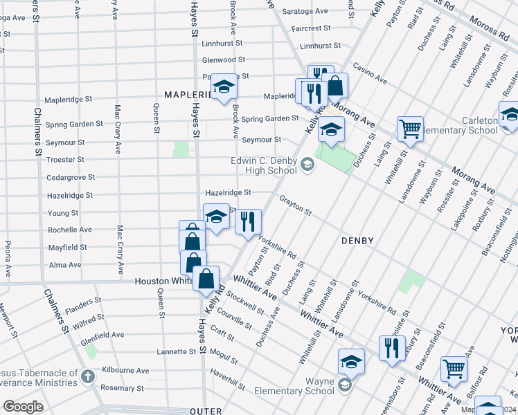 map of restaurants, bars, coffee shops, grocery stores, and more near 15428 Hazelridge Street in Detroit